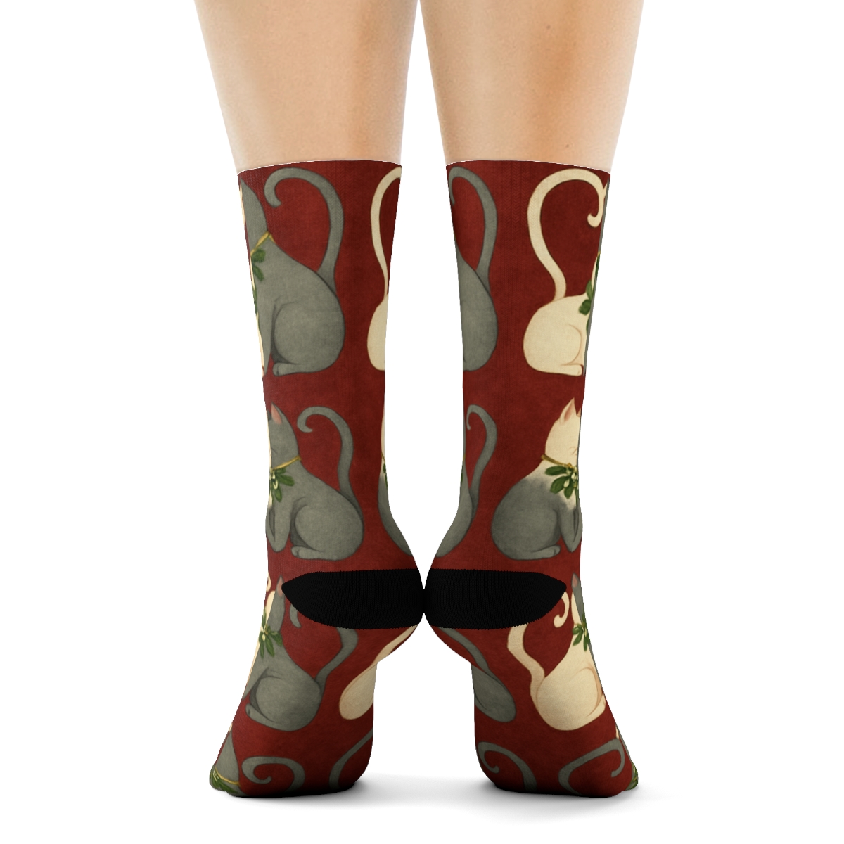 Mistletoe Cat Mirrored Curl Repeat On Cranberry Background stylish athletic crew socksMistletoe Cat Mirrored Curl Repeat on Cranberry Background Crew Socks - Image 4
