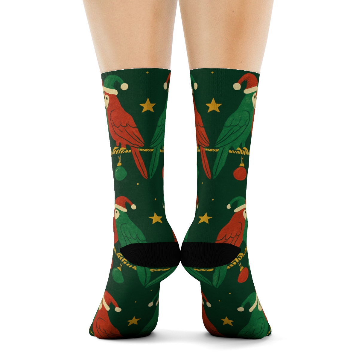 Holiday Parrot Ornament Row unique graphic crew socks