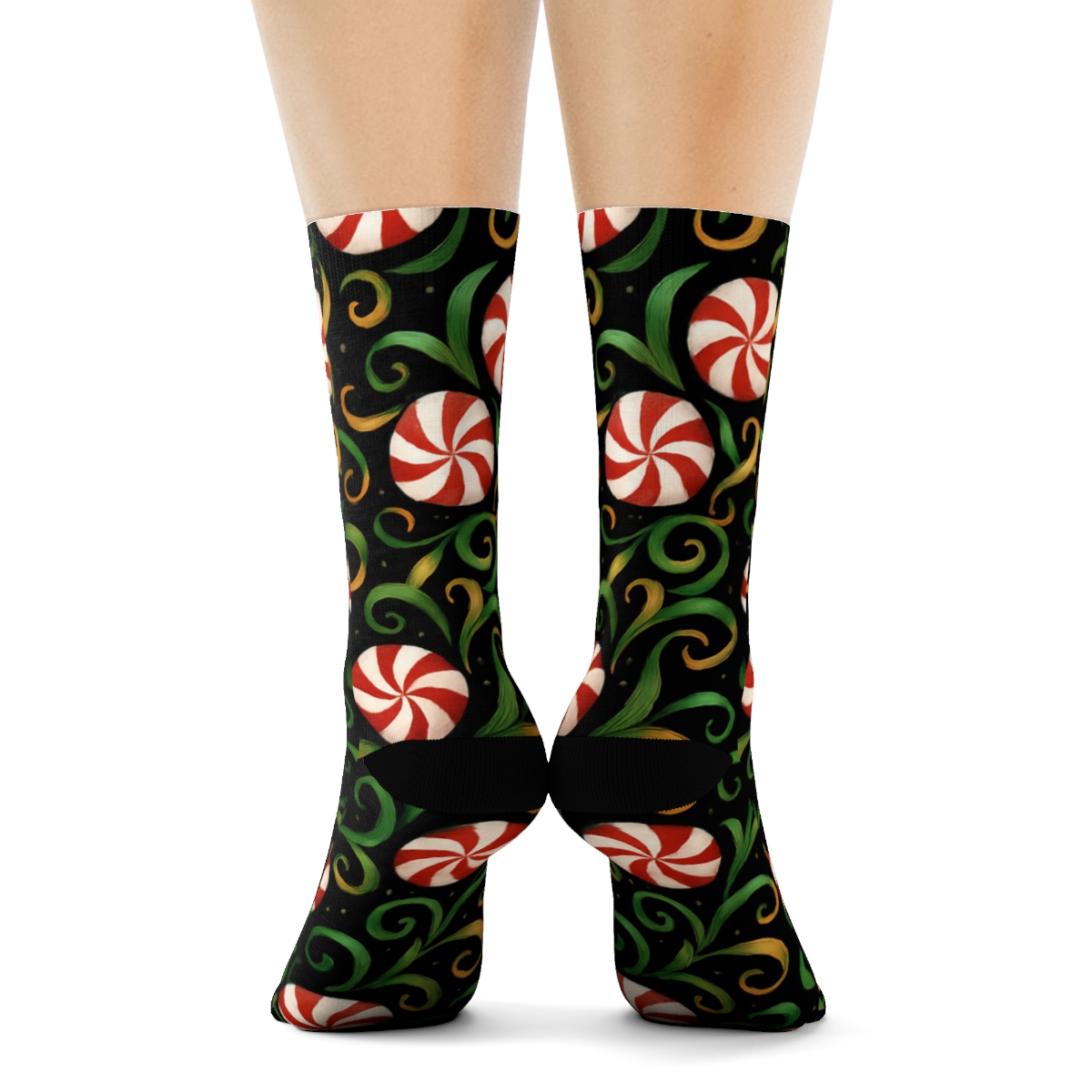 Candy Swirls With Christmas Ribbons Spiral stylish athletic crew socks