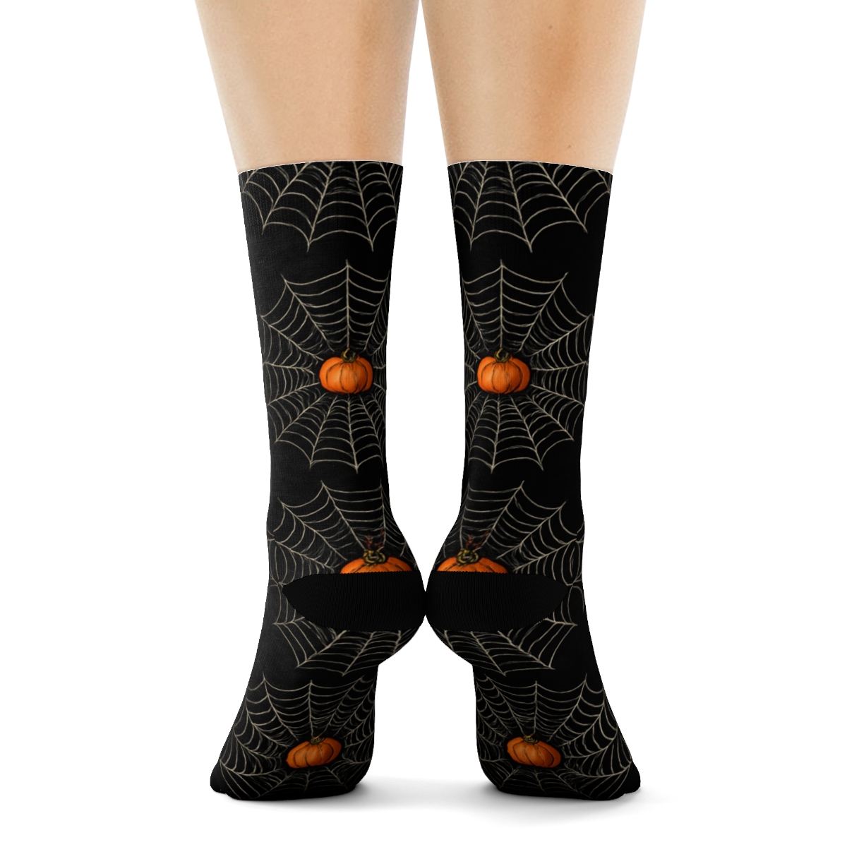 Spider Web Circle Medallions With Pumpkin Centers On Black unique graphic crew socks