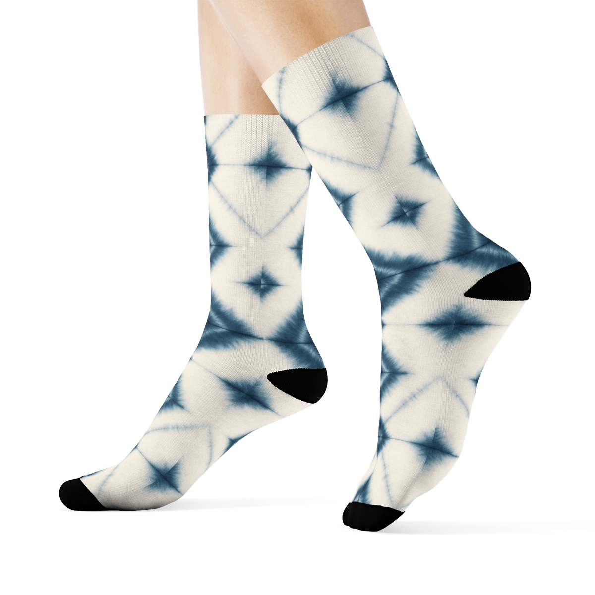 Shibori Diamond Accordion Pleat Grid In Deep Indigo And White On Ivory Background comfortable cotton crew socks
