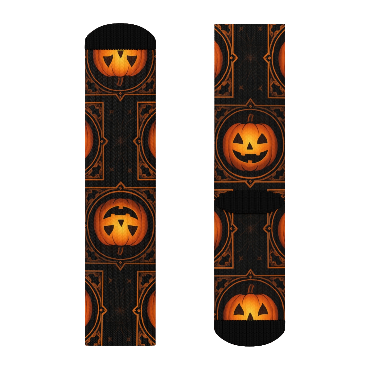 Orange Jack O Lantern Medallion Tile On Black Background trendy patterned crew socks