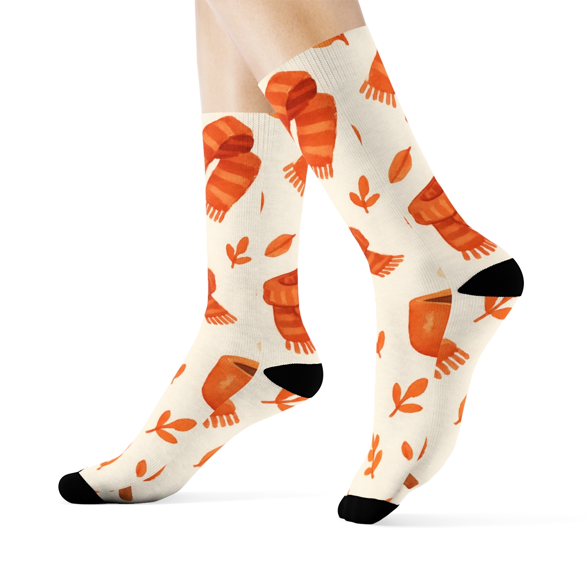 Scattered Coffee Mug And Scarf Motif On Ivory trendy patterned crew socks