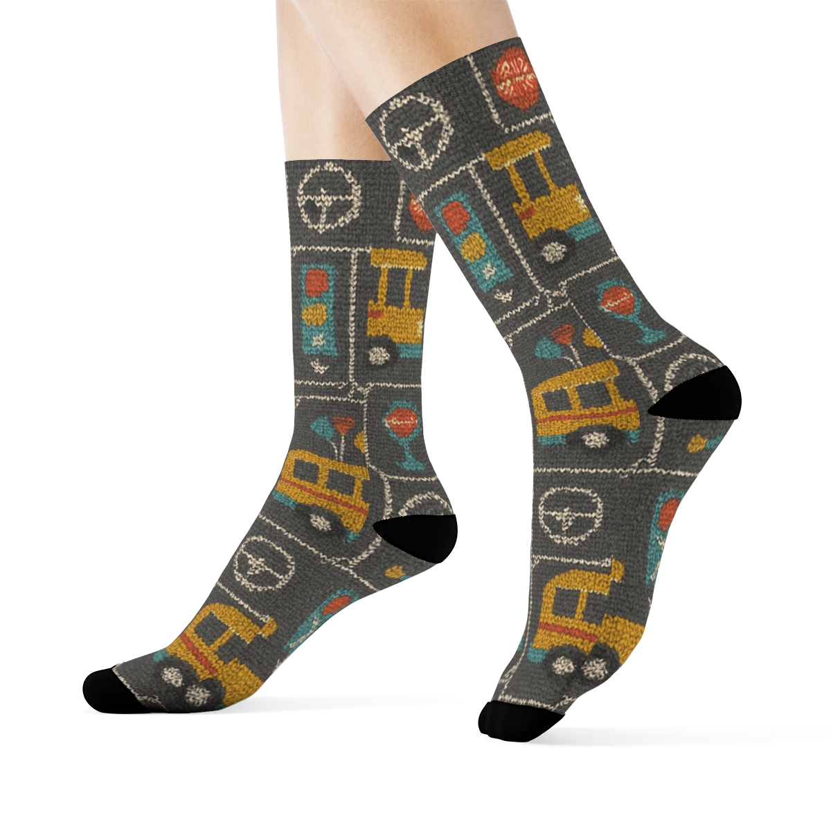 Bus Driver Parade Patchwork On Asphalt Gray designer printed crew socks