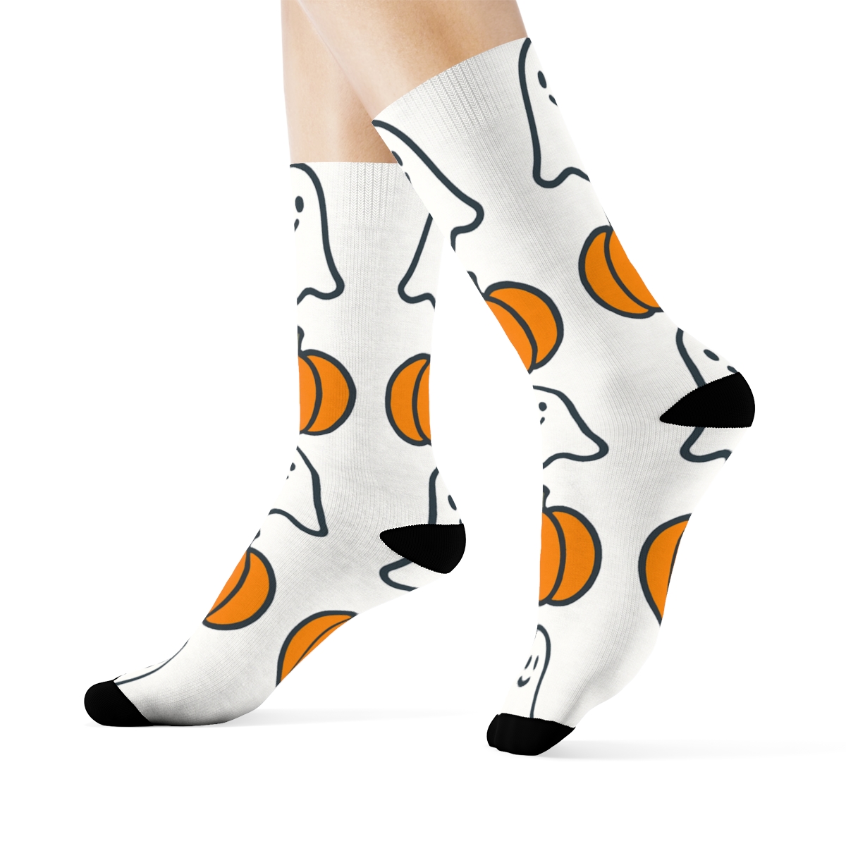 Pumpkin And Ghost Alternating Grid On White Background soft everyday crew socks