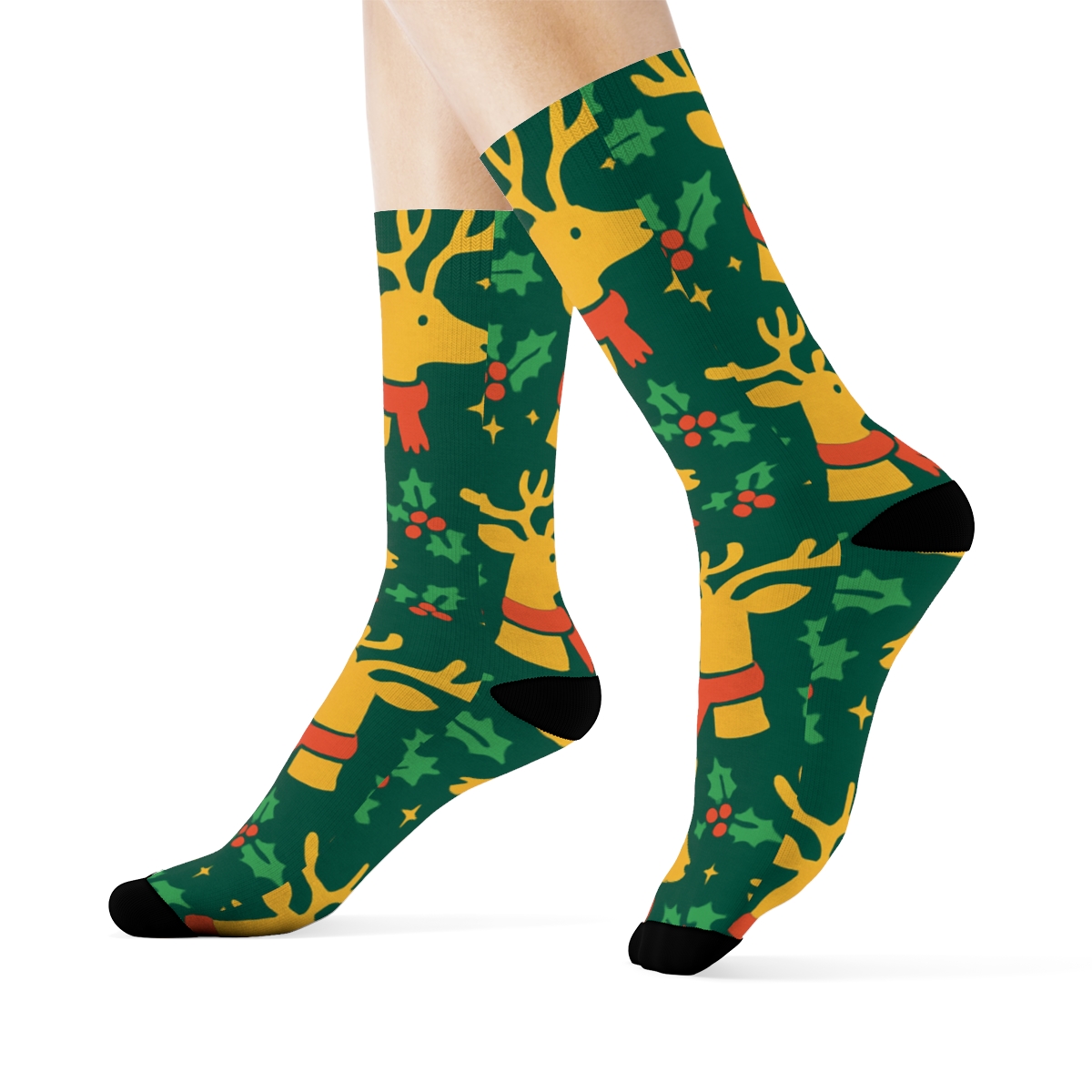 Jolly Reindeer Grid On Evergreen Background designer printed crew socks