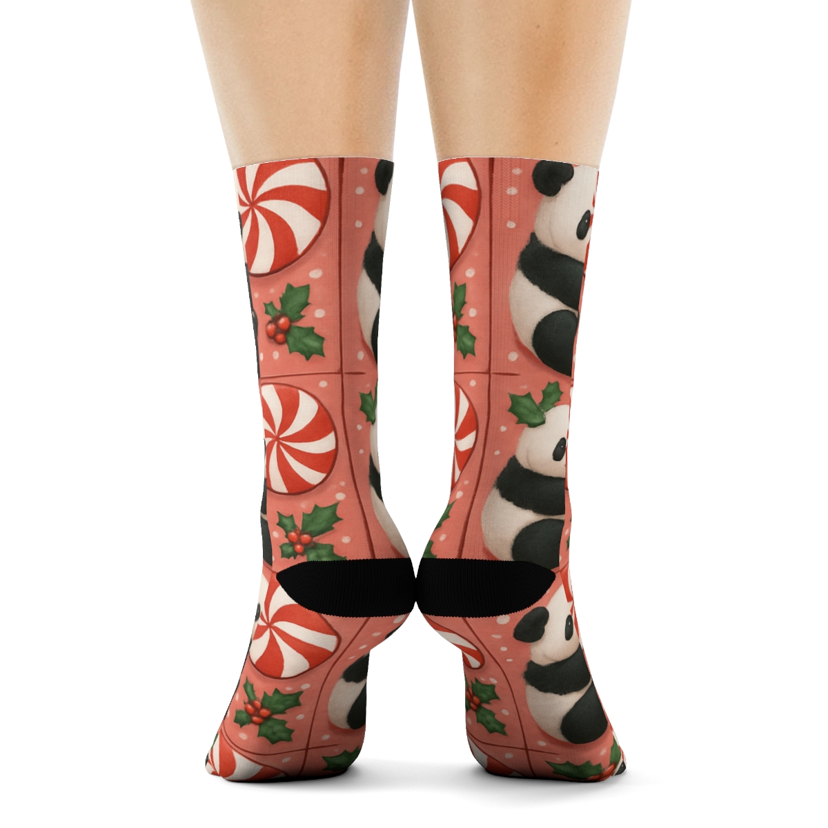 Panda Peppermint Spiral Tiles On Pink Background personalized crew socks