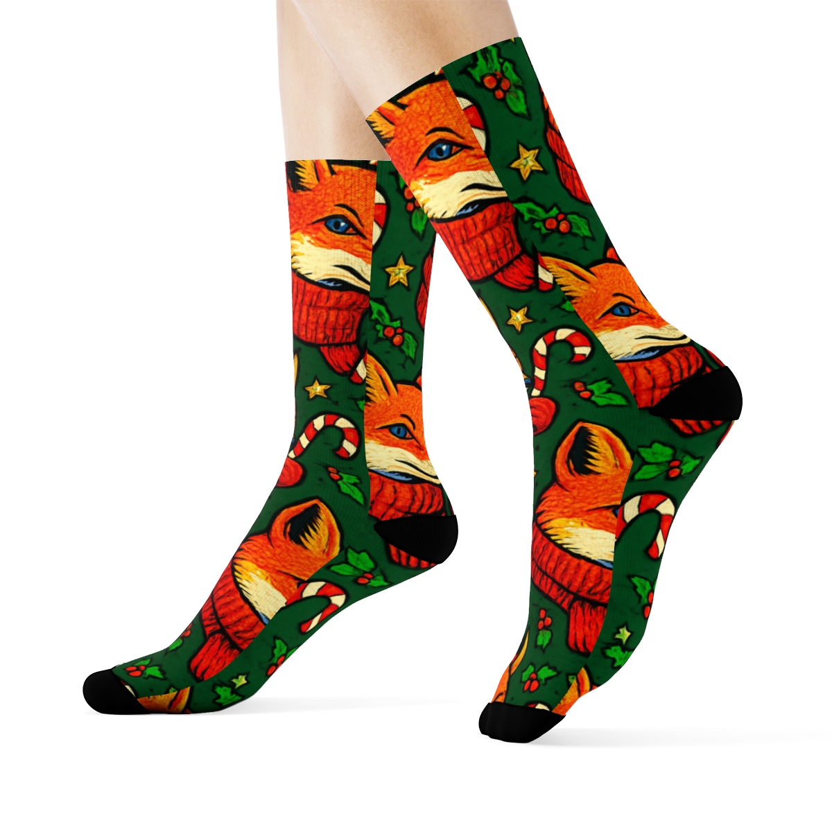 Candy Cane Fox Chevron On Deep Pine Green Background personalized crew socks