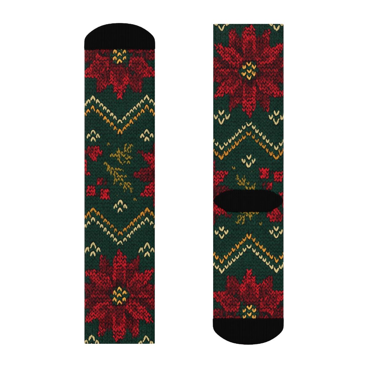 Knitted Poinsettia Star Bract Fair Isle On Evergreen Field comfortable cotton crew socks