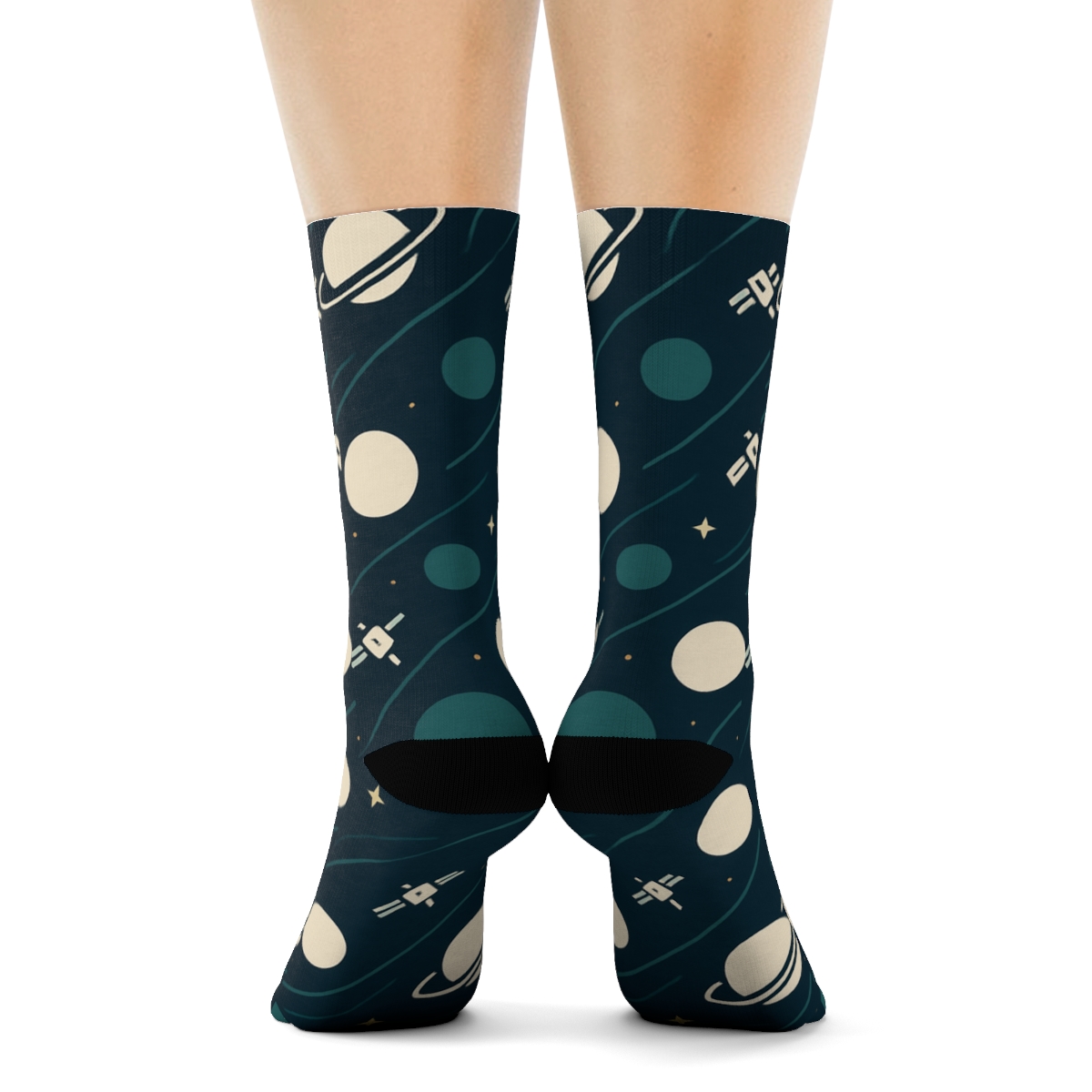 Ion Teal Orbital Band Tessellation On Deep Navy Background trendy patterned crew socks
