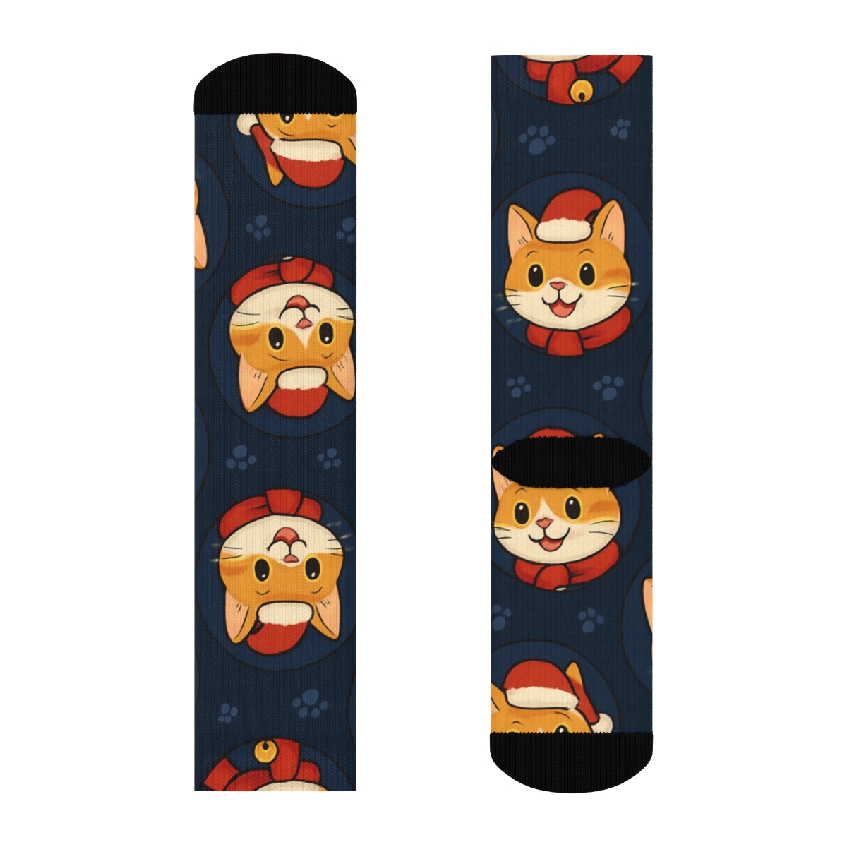 Santa Cat Diagonal Array On Navy Blue Background unique graphic crew socks