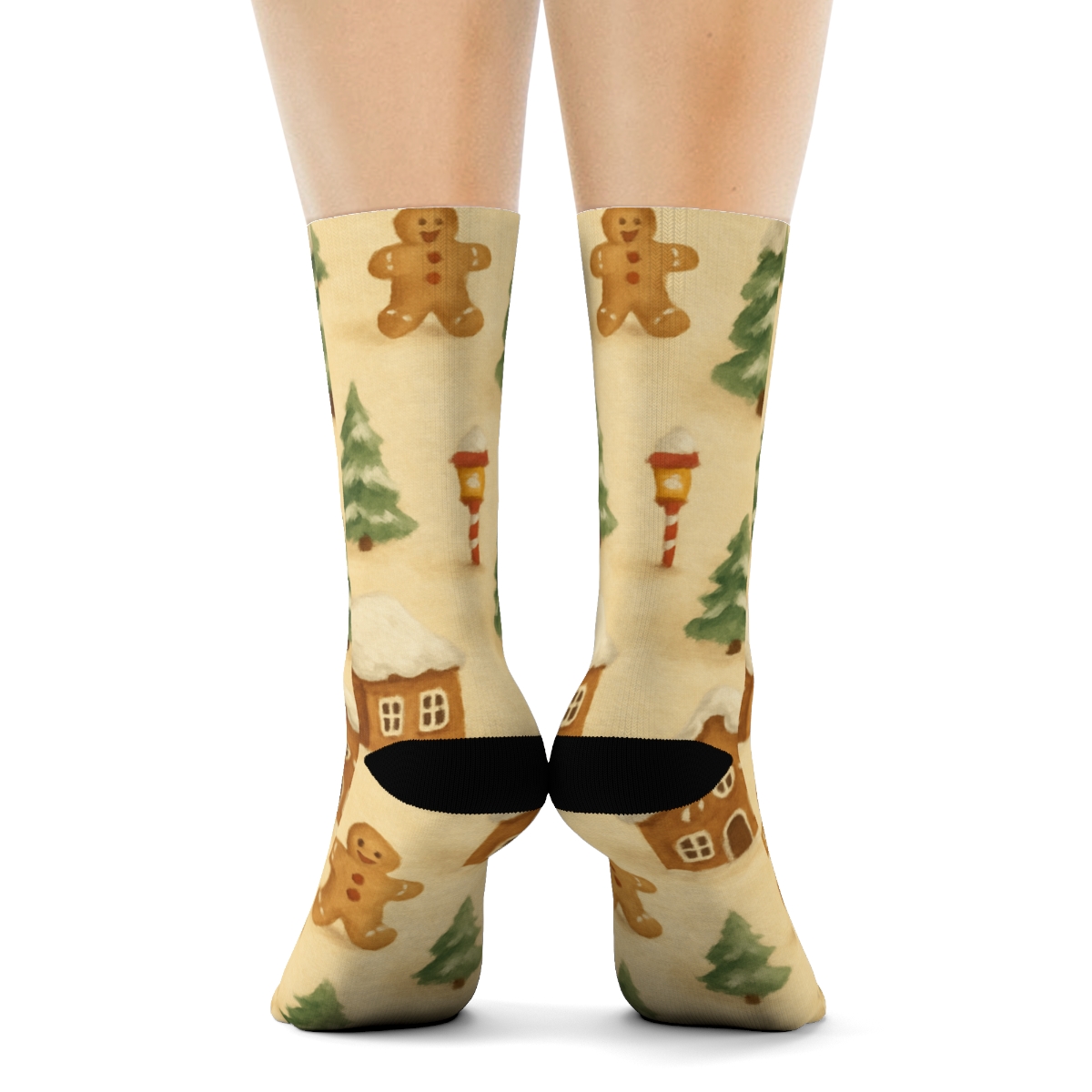 Gingerbread Village Xmas Scatter On Warm Cream personalized crew socks