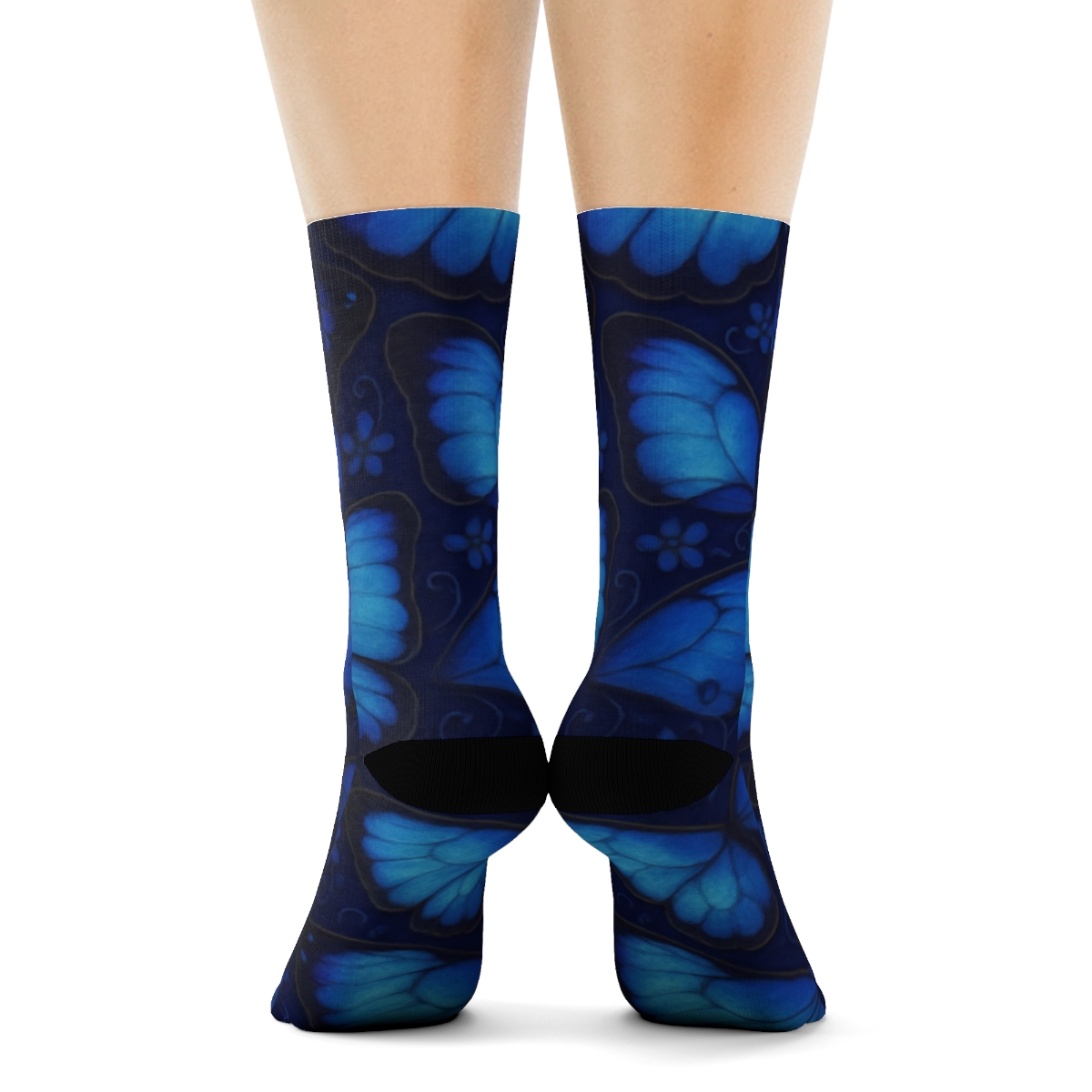 Blue Morpho Wing Mosaic Meadow On Deep Indigo unique graphic crew socksBlue Morpho Wing Mosaic Meadow on Deep Indigo Crew Socks - Image 4