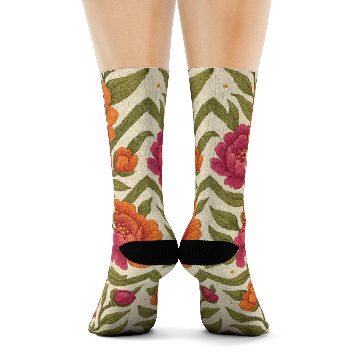 Sunset Peony Chevron On Ivory Background comfortable cotton crew socks