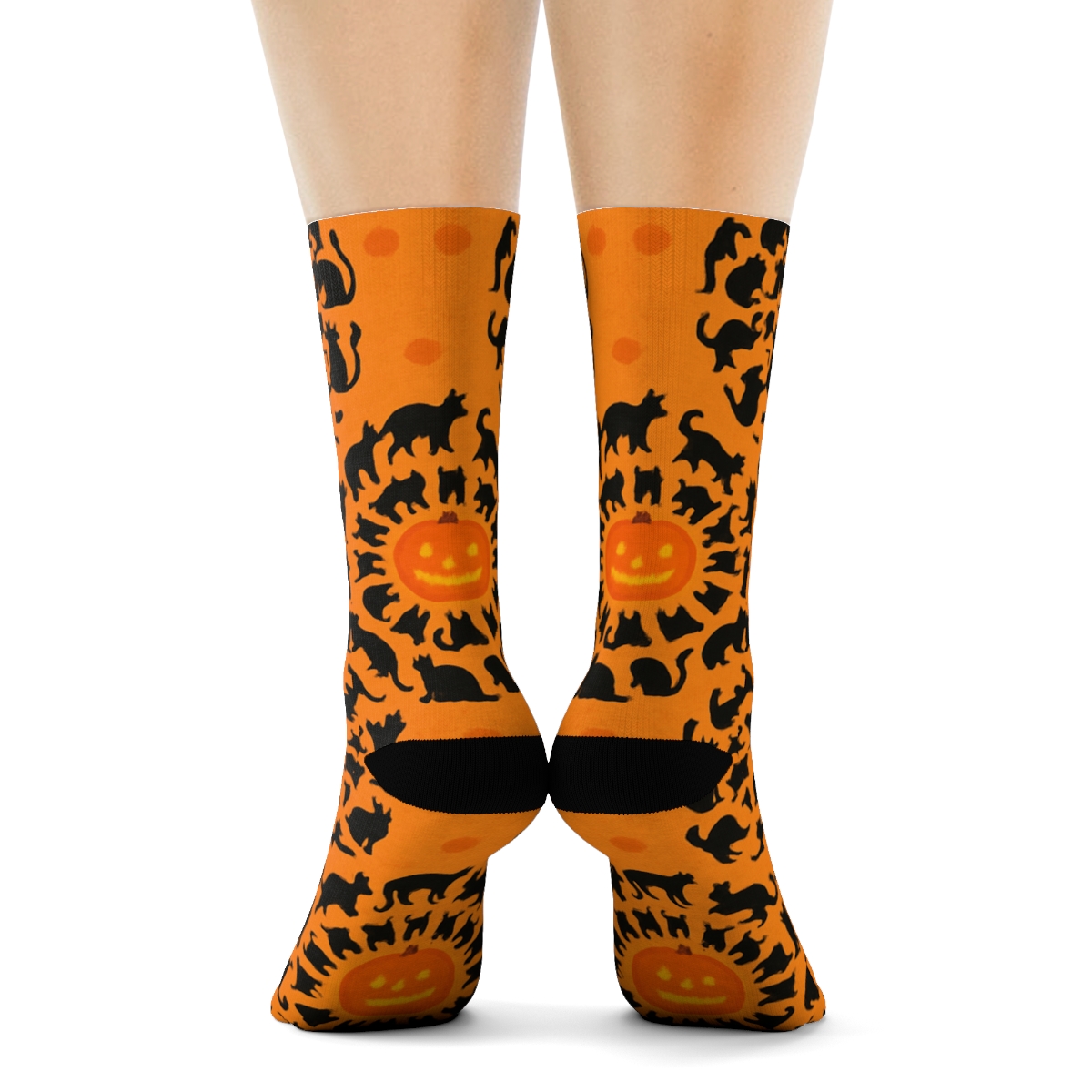 Black Cat Silhouette Rings With Pumpkins On Orange Background designer printed crew socks