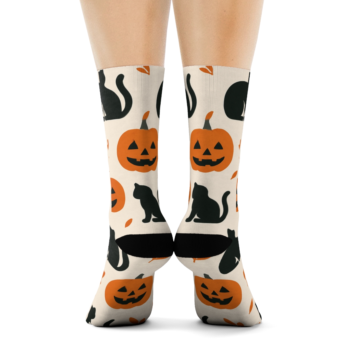 Orange Jack O Lantern And Black Cat Alternating Grid On Proper Neutral Background soft everyday crew socks