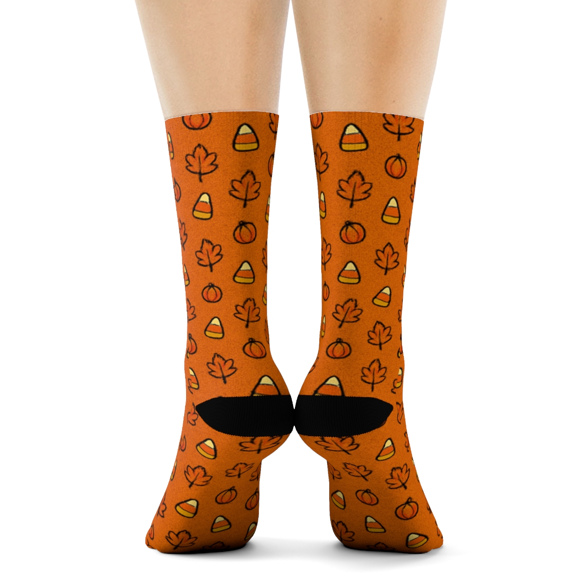 Autumn Leaf And Candy Corn Micro Dot Texture On Orange Background personalized crew socks