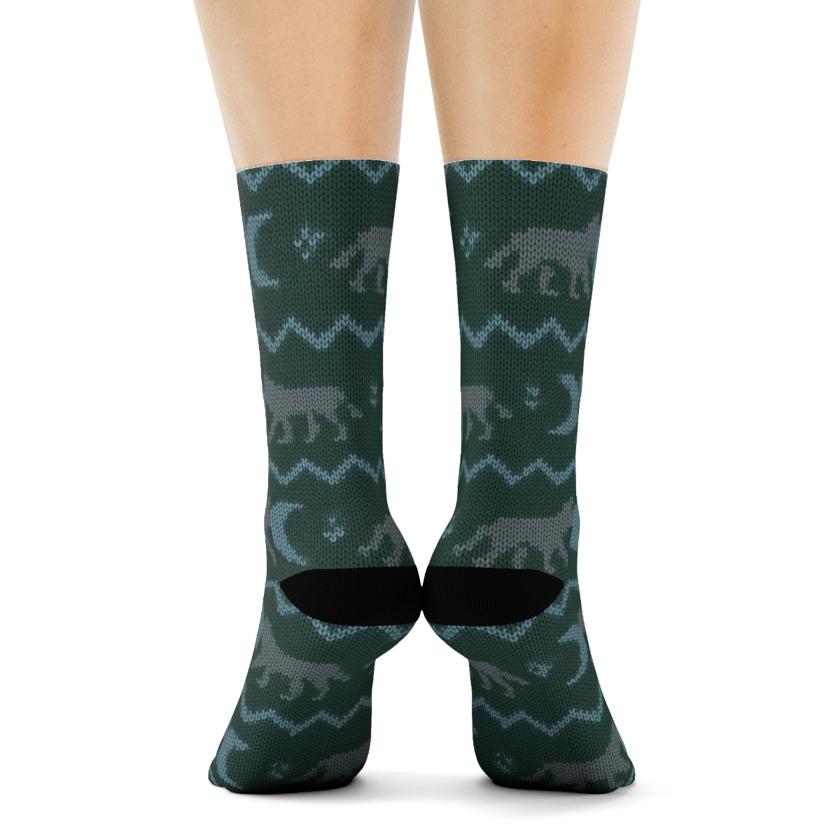 Knitted Night Trails With Gray Wolf Motifs soft everyday crew socks