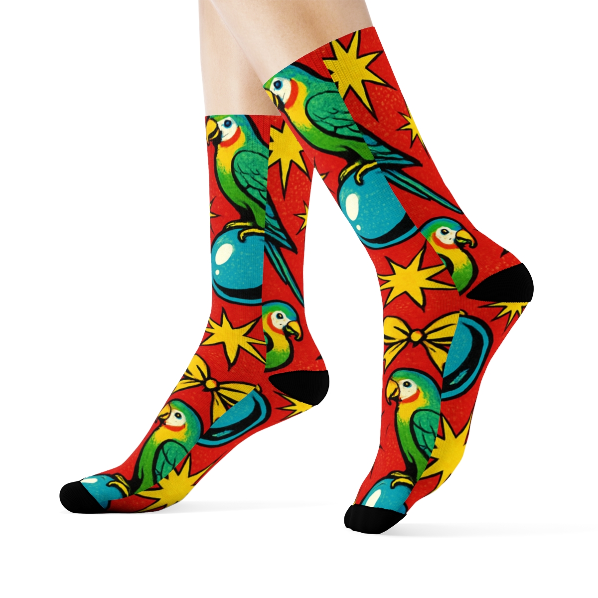Pop Art Parrot Ornament Burst On Red Background personalized crew socks