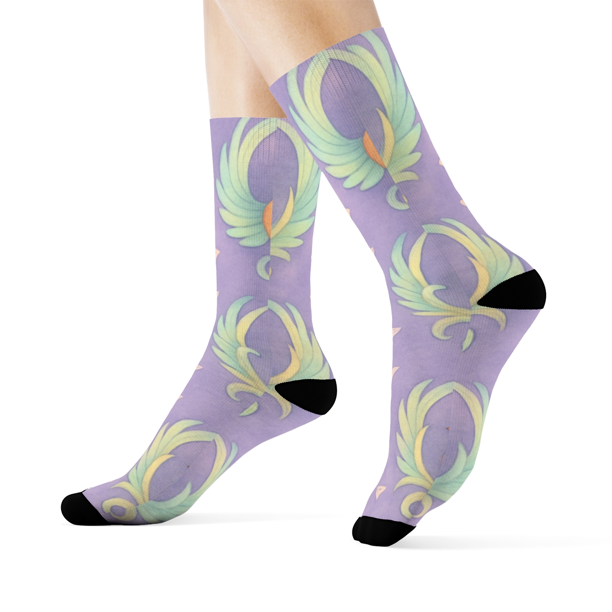 Fantasy Songbird Crest Medallions On Lavender Background soft everyday crew socks