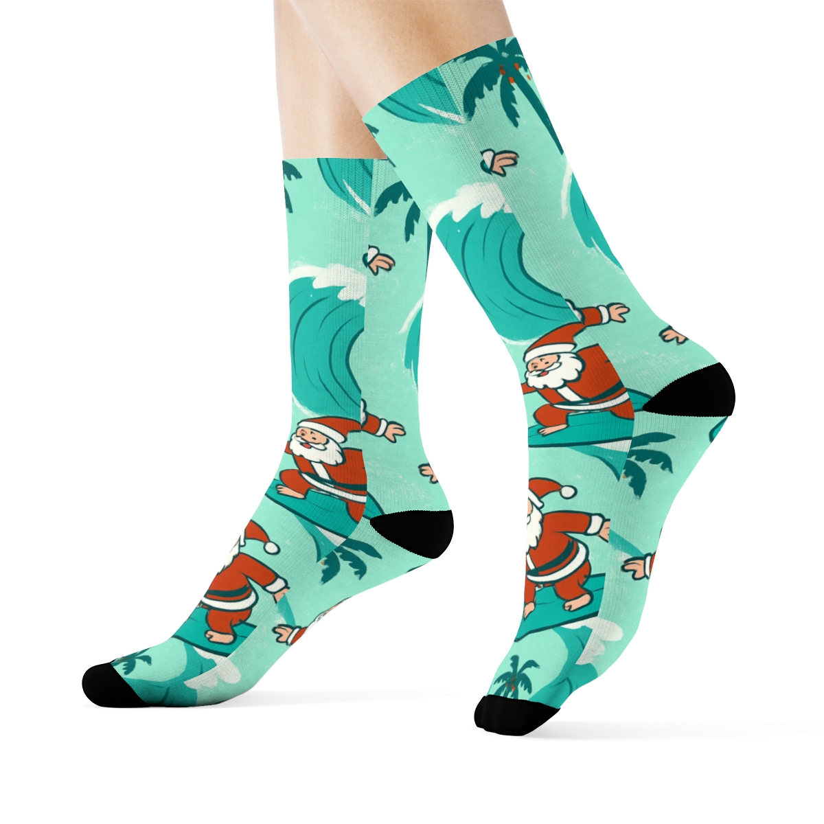 Santa Surfing Christmas Wave Pattern comfortable cotton crew socks