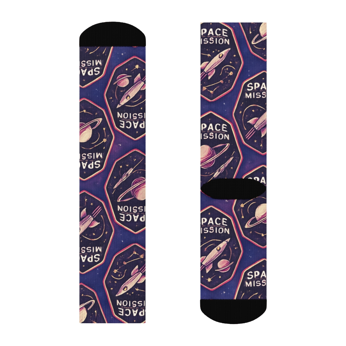 Cosmic Purple Retro Mission Patch Tessellation On Nebula Gradient trendy patterned crew socks