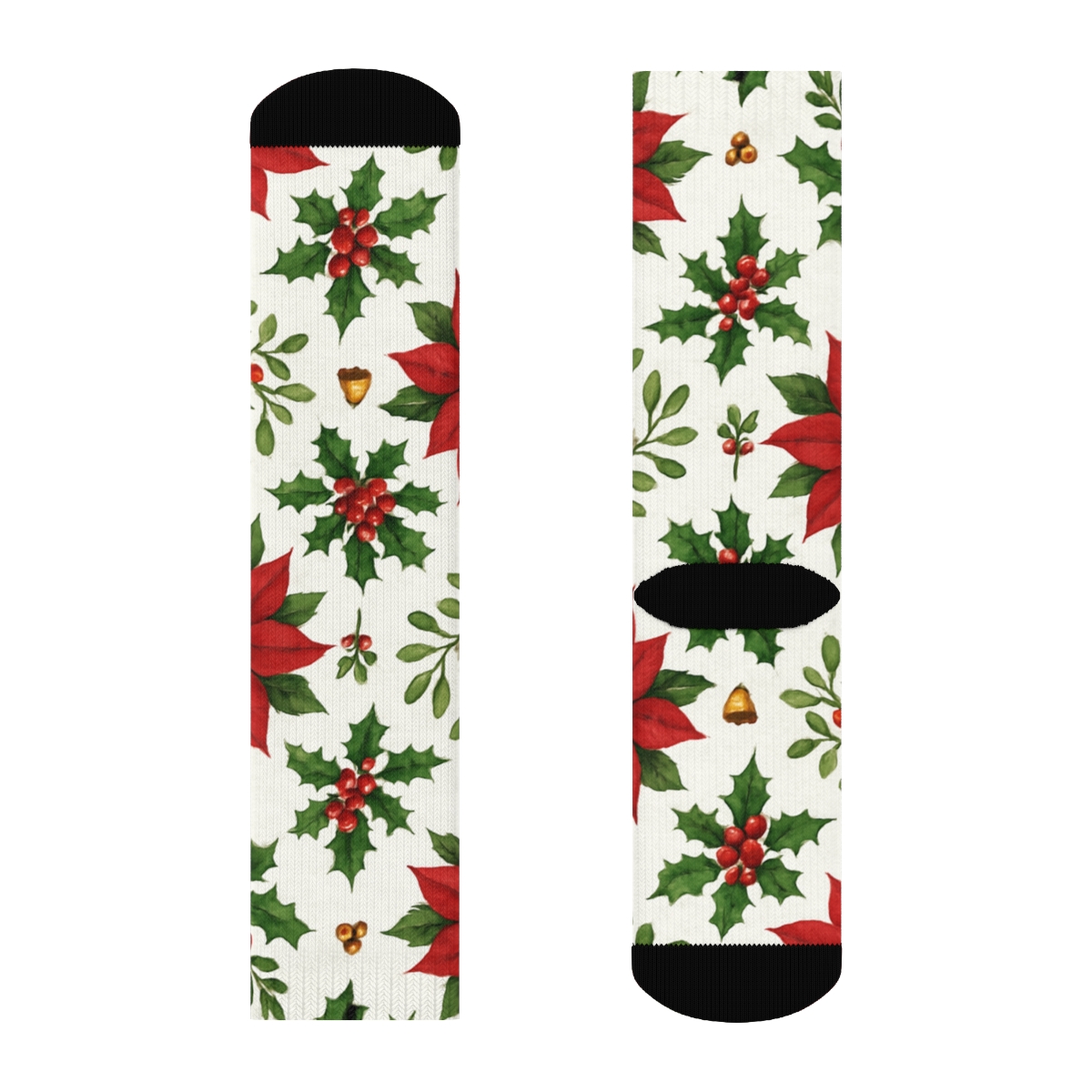 Crimson Poinsettia And Holly Lattice On Snow White Background unique graphic crew socks
