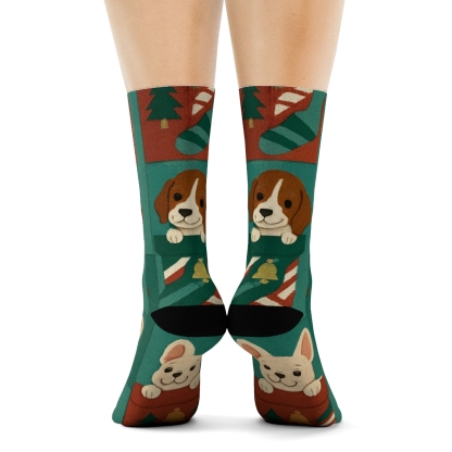 Dog Stocking Patchwork Repeat On Teal Background soft everyday crew socks