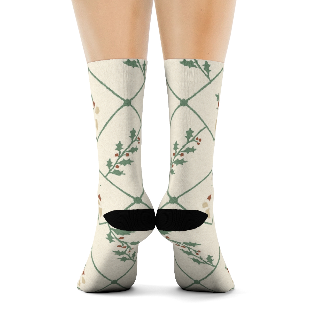 Santa Claus Bear Lattice On Cream comfortable cotton crew socks