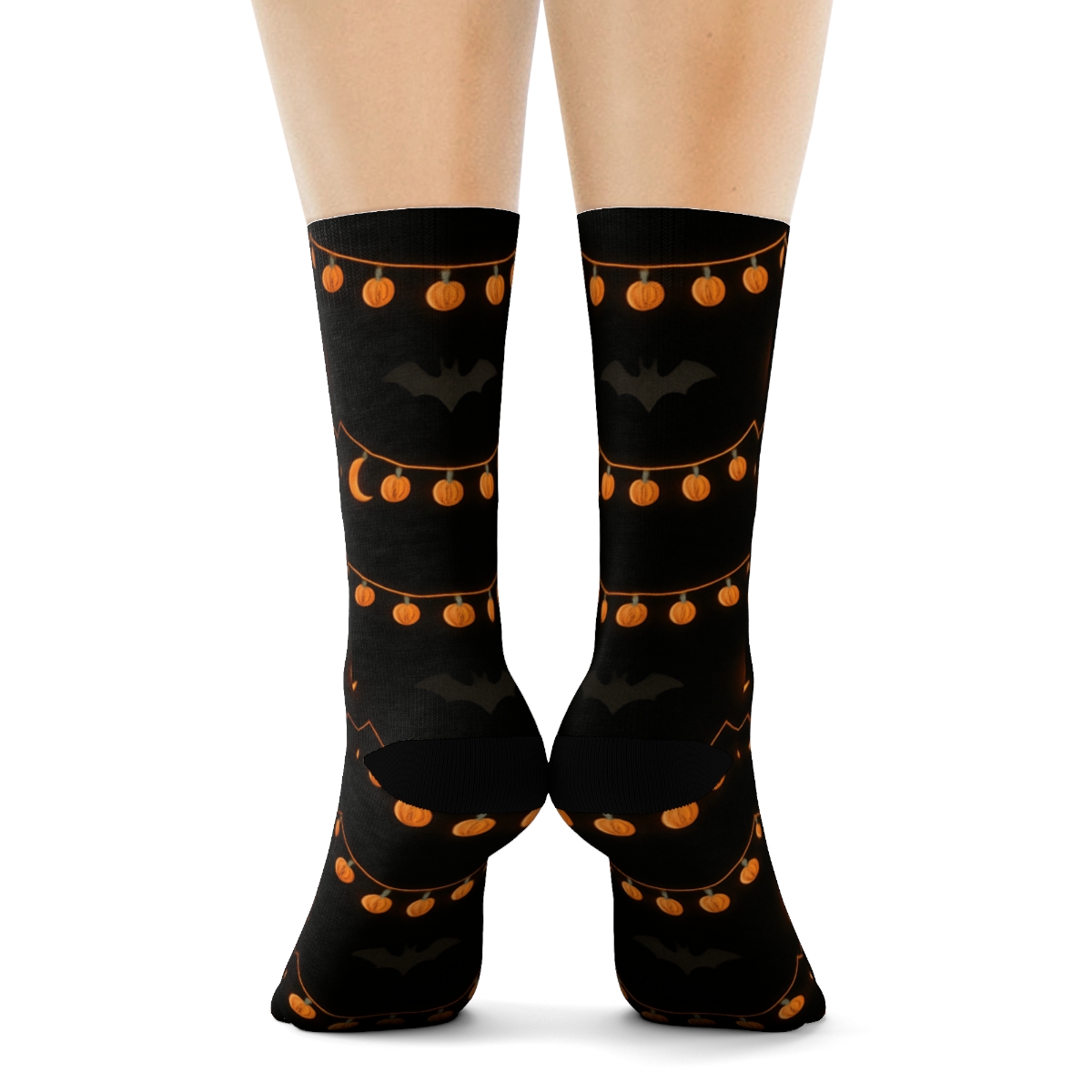 Crescent Moon Glow And Pumpkin Garland Repeat On Black Background trendy patterned crew socks