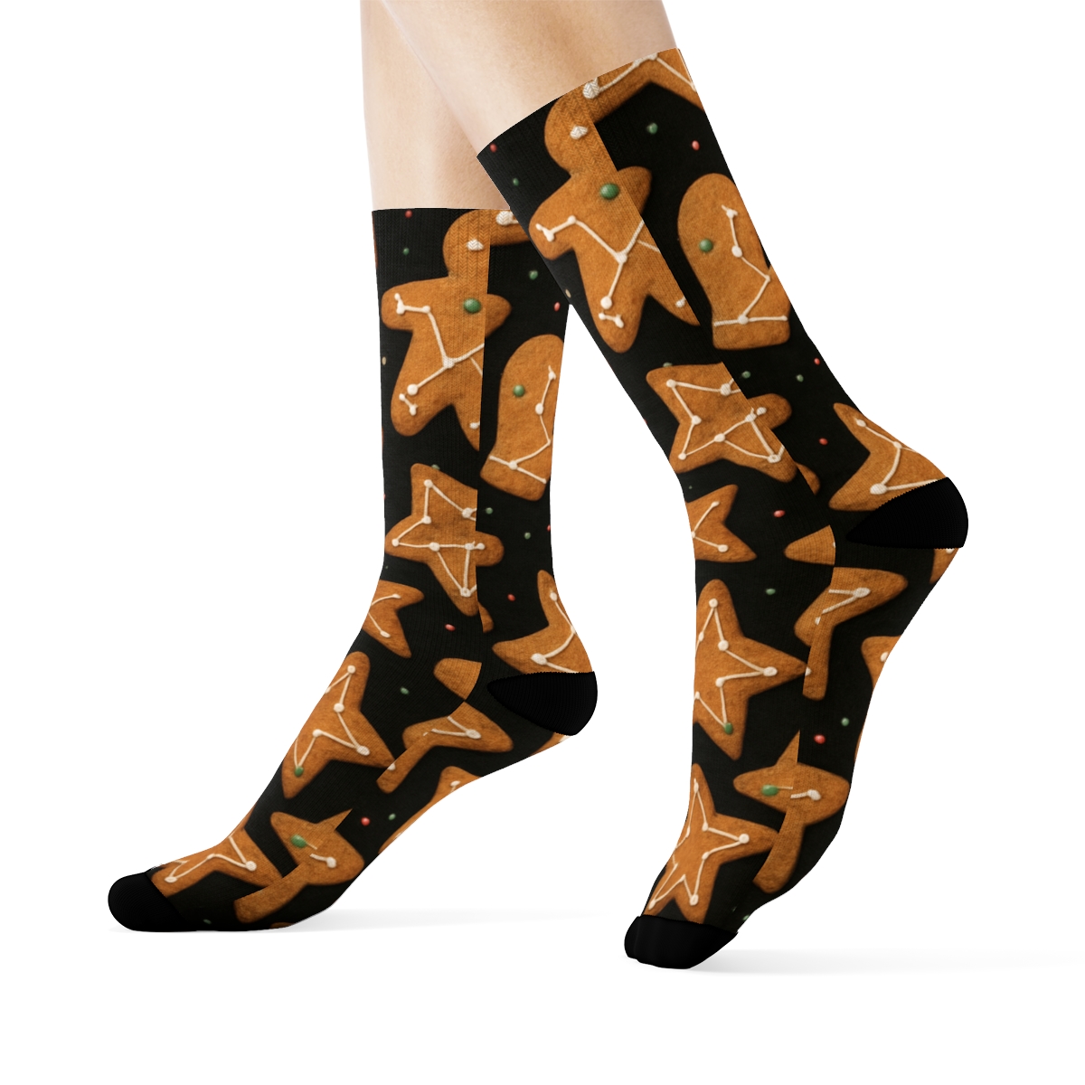 Black Background Xmas Gingerbread Constellation Scatter designer printed crew socksBlack Background Xmas Gingerbread Constellation Scatter Crew Socks - Image 3