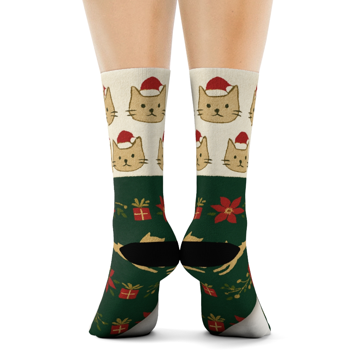 Cat Chaos Garland Border On White And Green Background trendy patterned crew socks