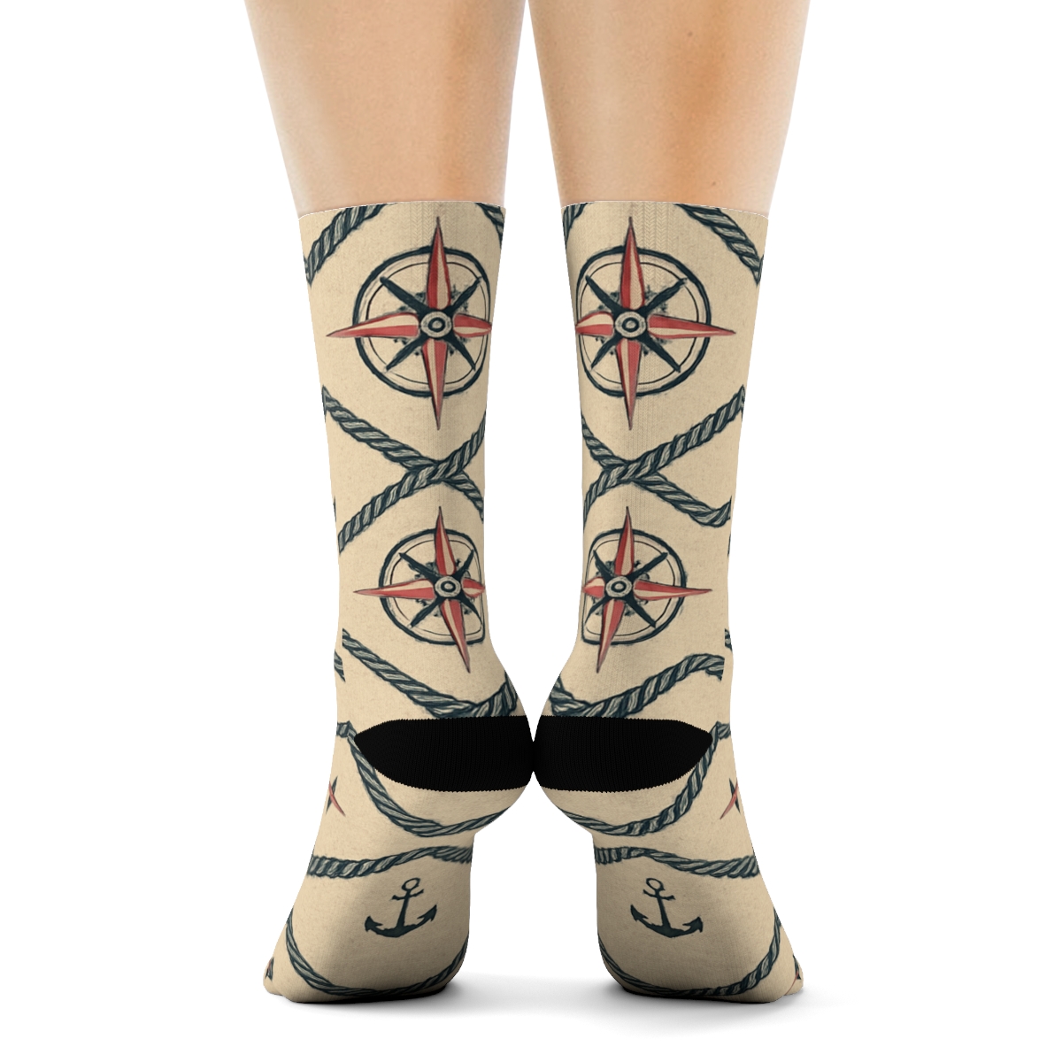 Ship Captain Rope Knot Chevron On Sandy Beige comfortable cotton crew socks
