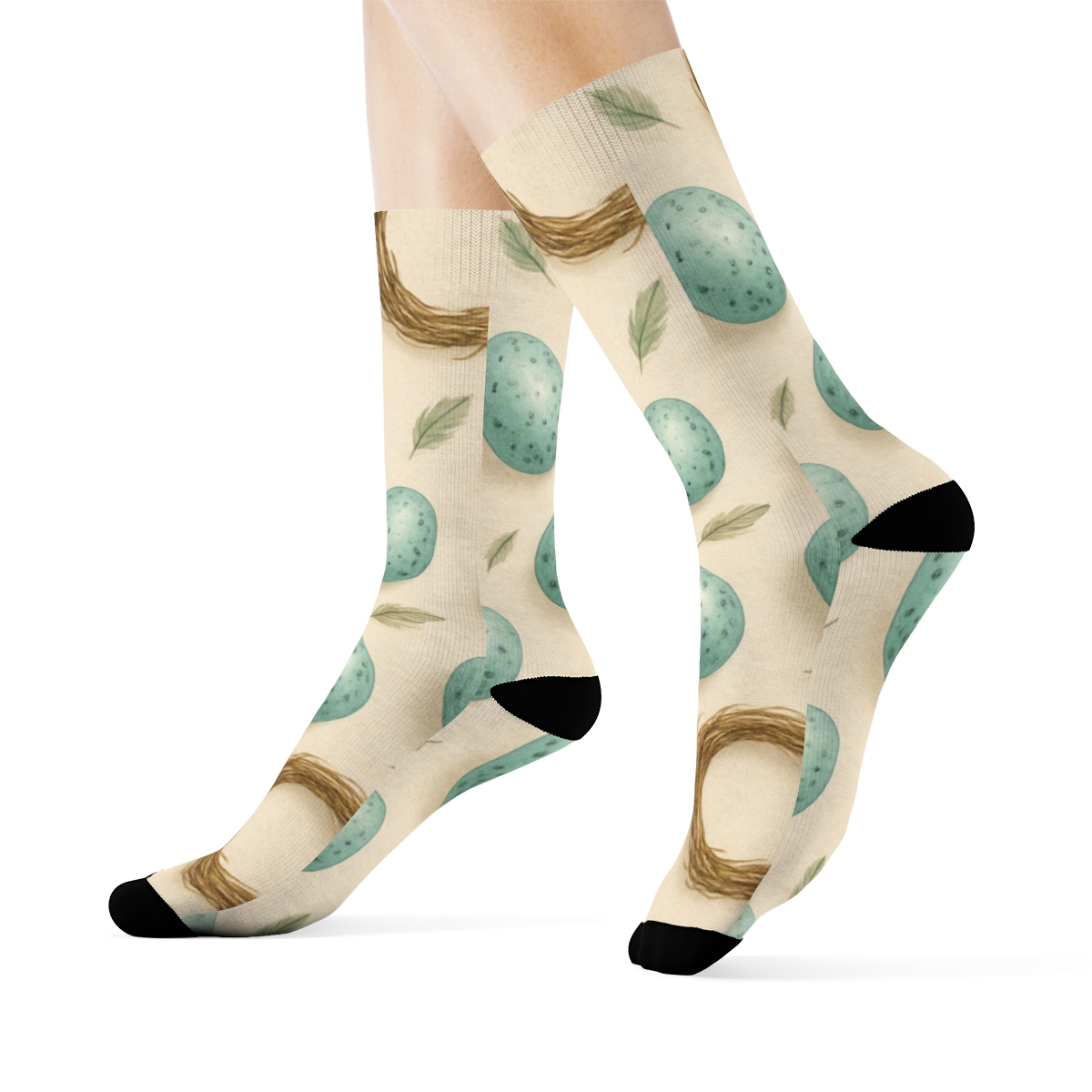 Robin Egg Scatter And Nest Weave On Warm Beige Background trendy patterned crew socks
