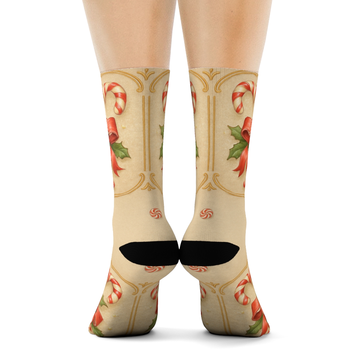Candy Canes Ribbon Bow Vignette Border Repeat personalized crew socks