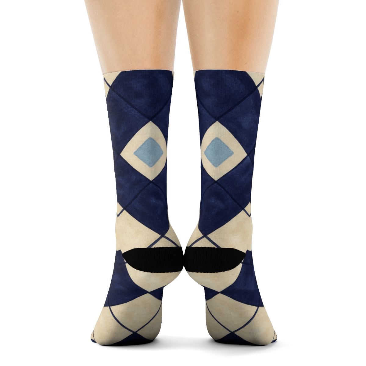 Indigo Diamond Check Gradient Tiles On Warm Ivory premium sports crew socks