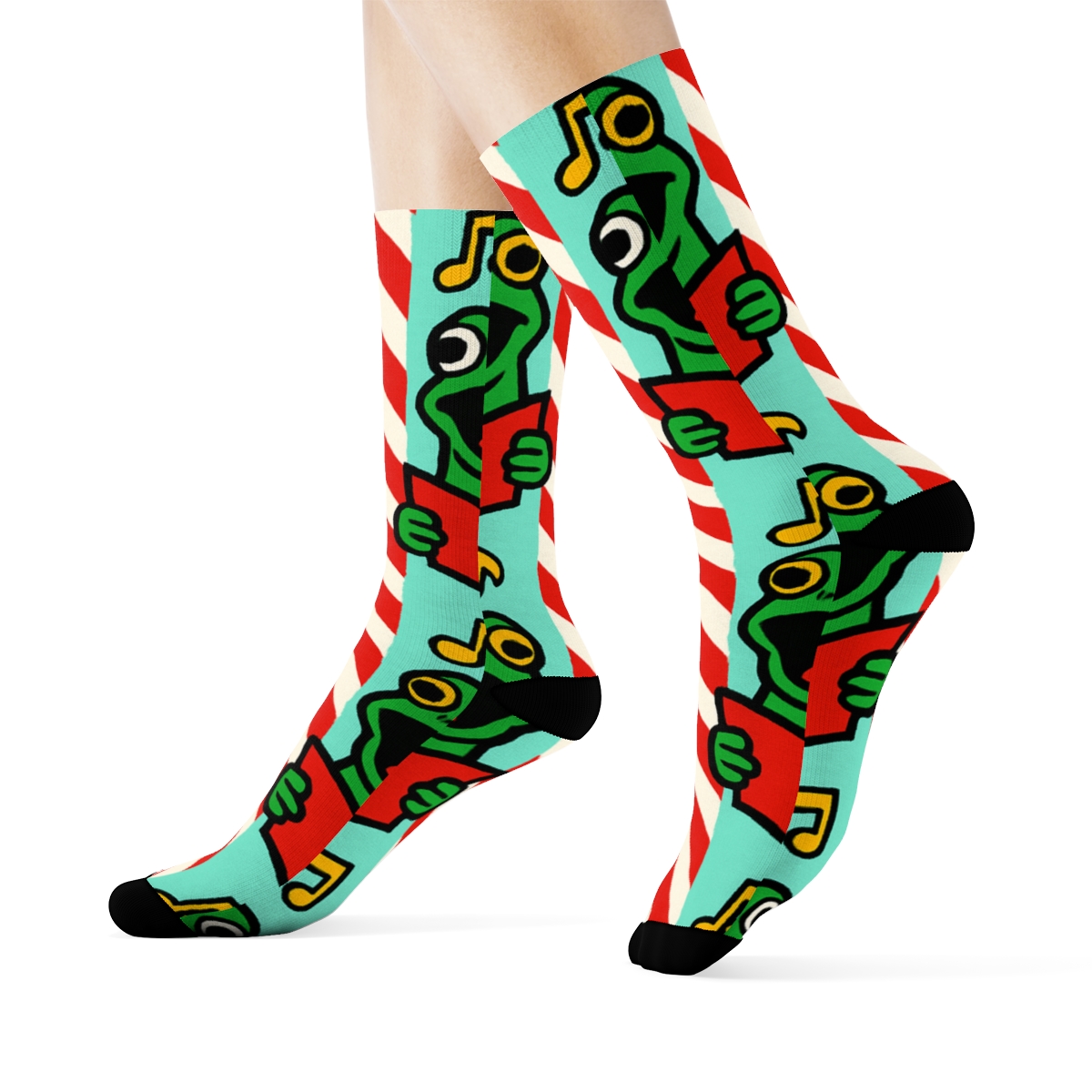 Frog Carolers Stripe On Mint Background trendy patterned crew socks