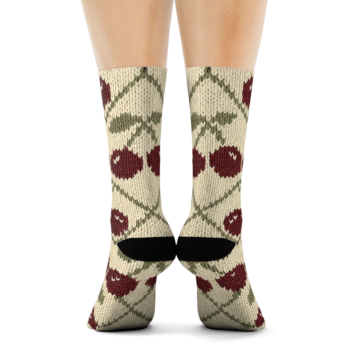 Knitted Illusion Cherry Lattice On Cream designer printed crew socks