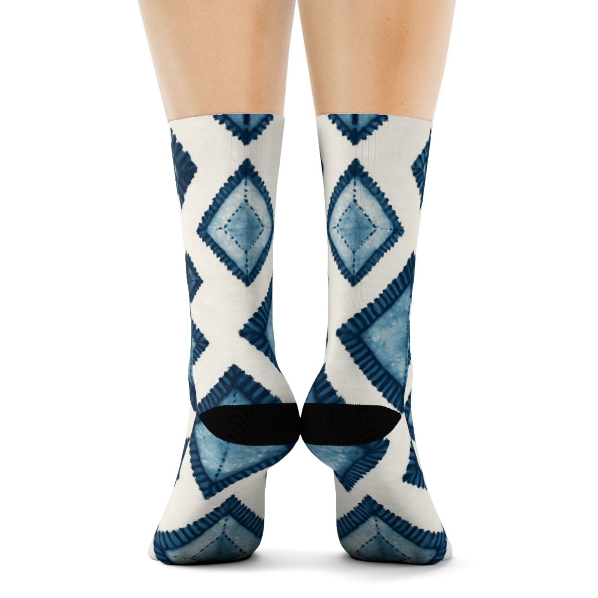 Indigo Shibori Diamond Chevron Array On Ivory Background soft everyday crew socksIndigo Shibori Diamond Chevron Array on Ivory Background Crew Socks - Image 4
