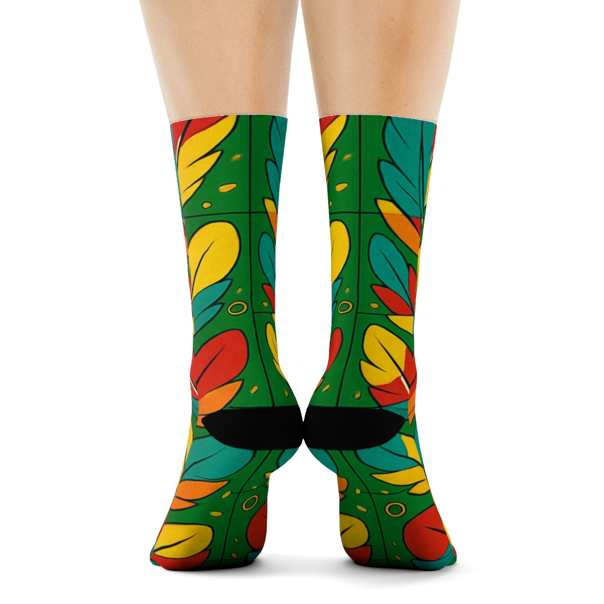 Parrot Plumage Patchwork Tiles On Tropical Green Background soft everyday crew socks