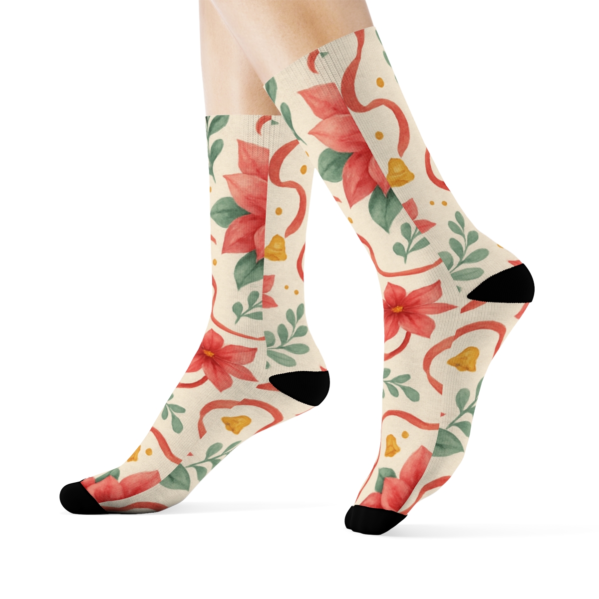 Poinsettia Ribbon Swirl Scatter On Warm Ivory Background soft everyday crew socks