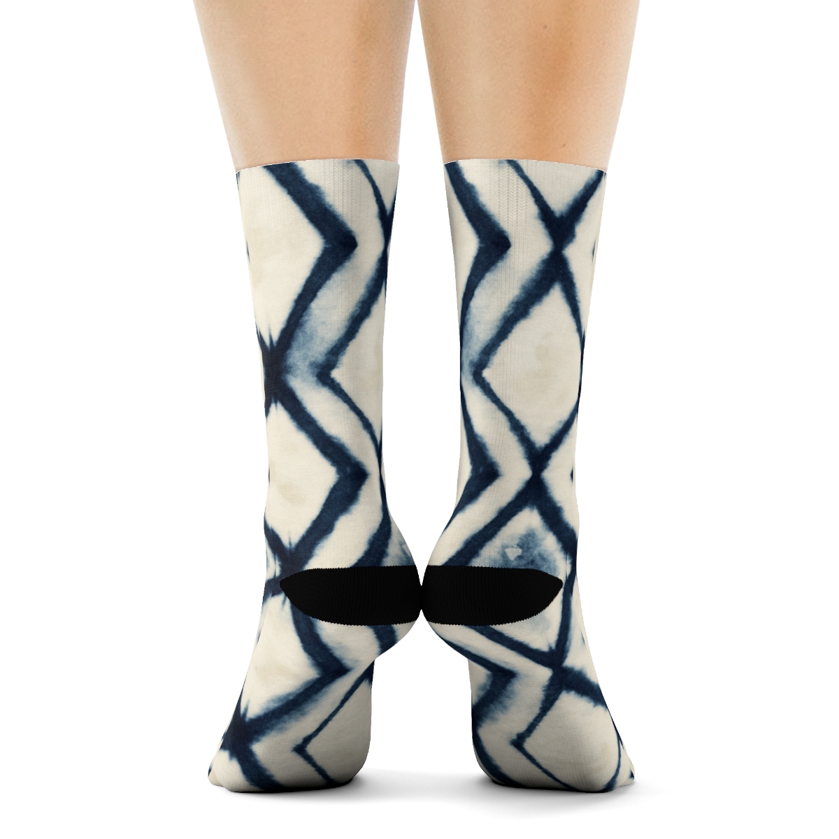 Indigo Shibori Diamond Chain On Ivory Background soft everyday crew socks