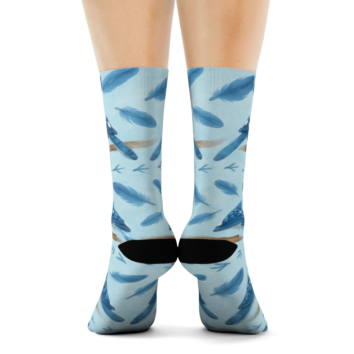 Blue Jay Branch Band Stripes On Sky Blue Background designer printed crew socks
