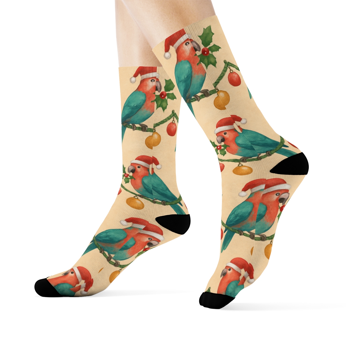 Parrot Ornament Garland Wave On Beige Background designer printed crew socks