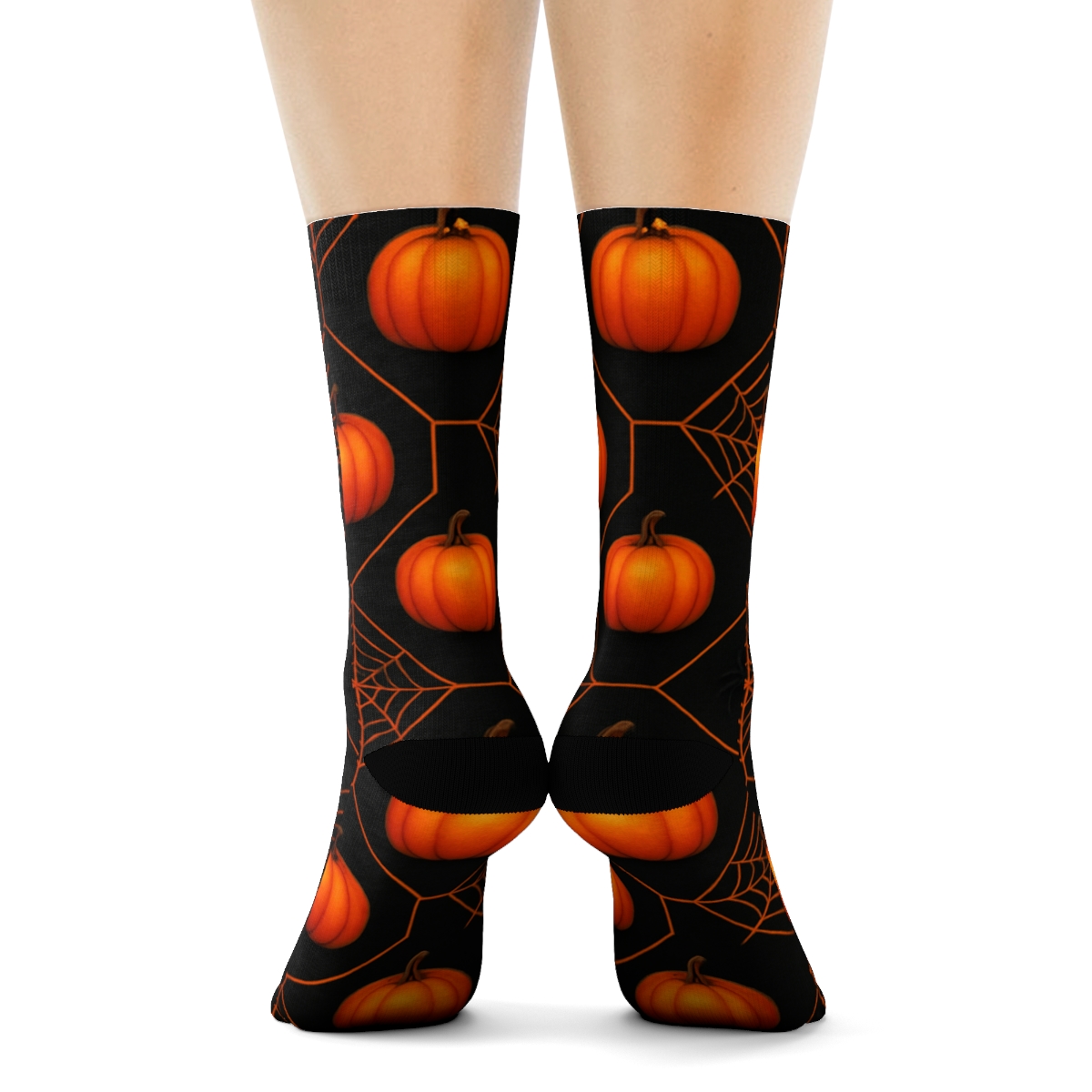 Orange Pumpkin Hex Tile With Web Corners On Black Background soft everyday crew socks