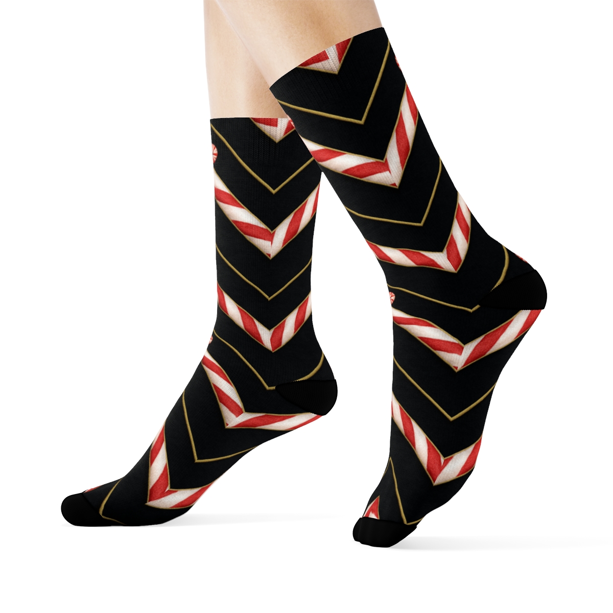 Candy Canes Chevron Bands On Black Velvet Field unique graphic crew socks