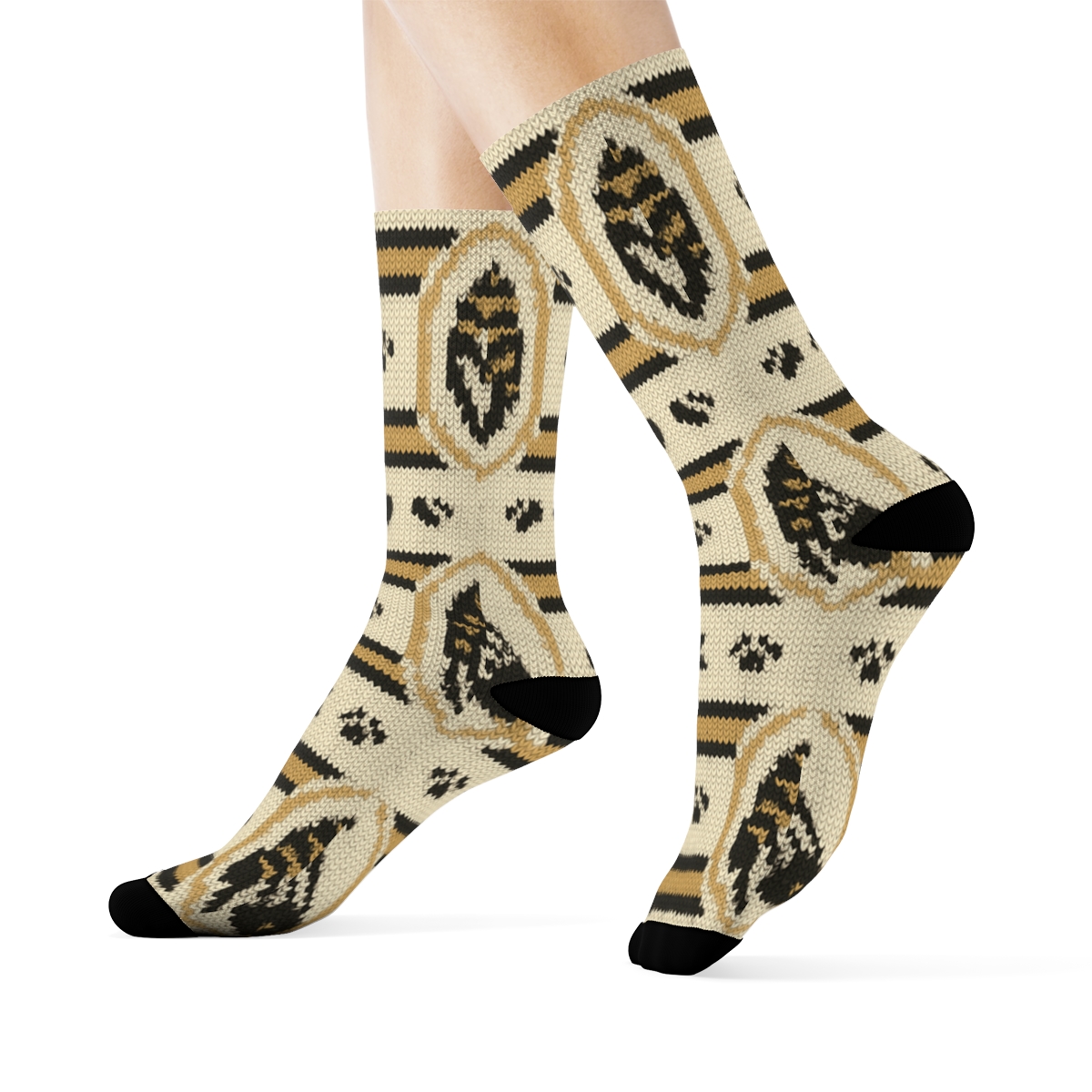 Cream Safari Knit Stripe Medallions trendy patterned crew socks