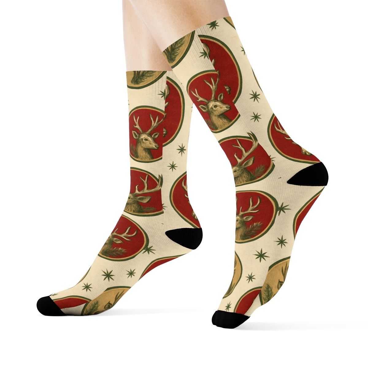 Vintage Poster Reindeer Christmas Medallions custom crew socks