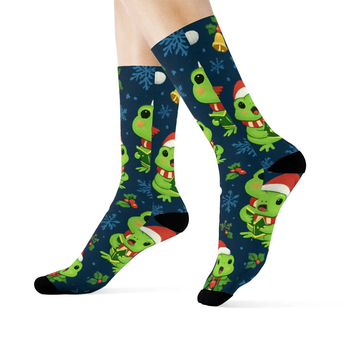 Frog Caroler Snowflake Scatter On Midnight Blue Background designer printed crew socks