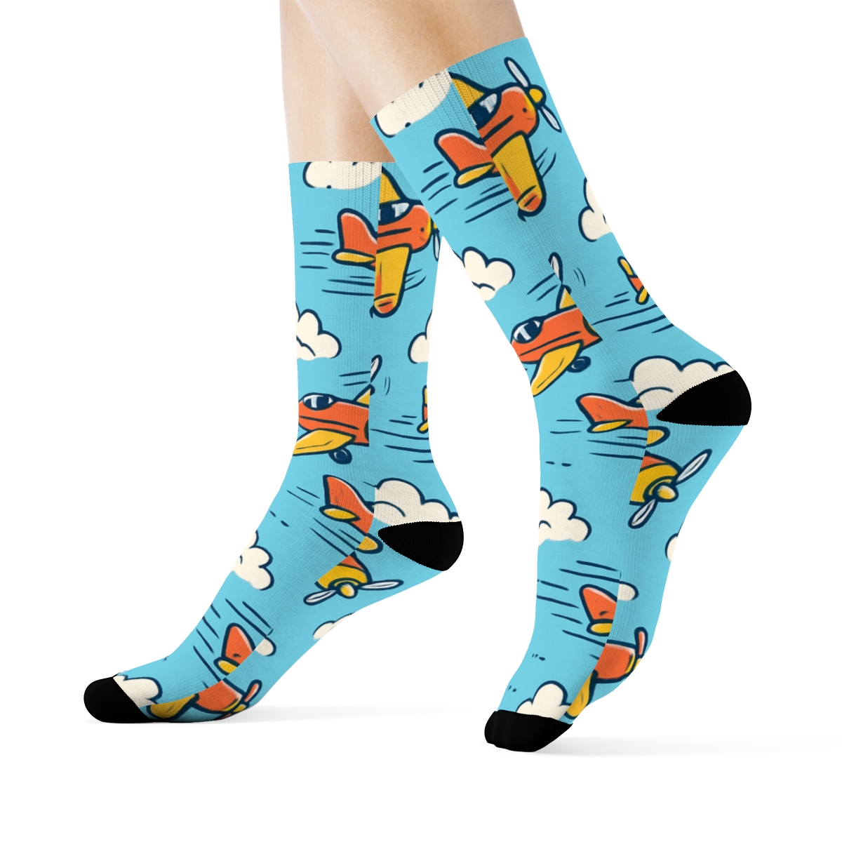 Playful Airplane Race Scatter On Sky Blue stylish athletic crew socks